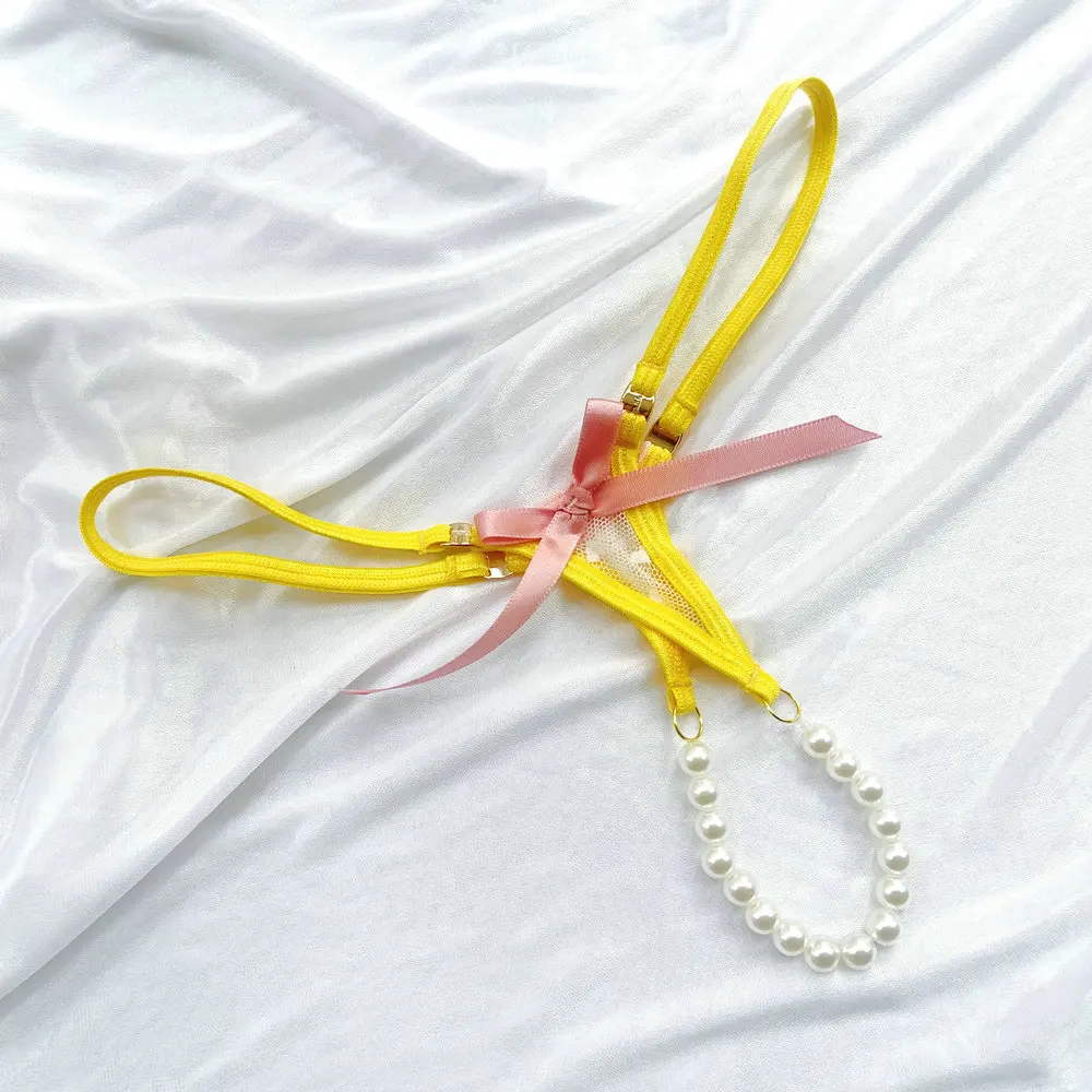 ملابس داخلية مثيرة أصفر صغير Gstring الدانتيل Tback مزدوجة مثلث القوس Peals سيدة سراويل للنساء مايكرو ثونغ تدليك كليكر ثونغ