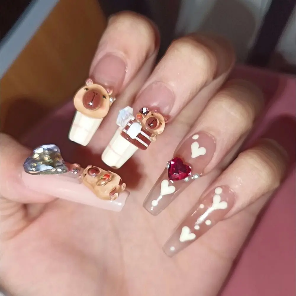 Animals Capybara False Nails Y2K Rhinestone Manicure Material Cartoon Fake Nails Love Heart Nail Supplies Fake Nail Extension