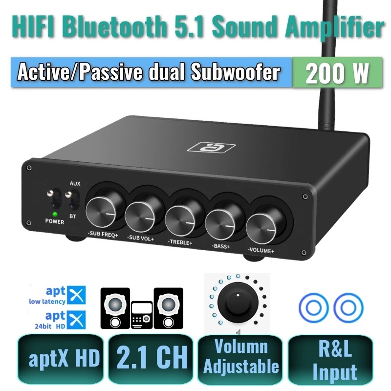 

aptX HD Bluetooth 5.1Sound Amplifier 2.1Channel Wireless Audio Subwoofer 100W +50W x2 Bass &Treble Control Amp For Home Theatre