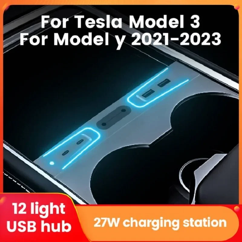 27W Quick Charger USB Hub for Tesla Model 3 Tesla Model Y 2021-2023 Aperture Intelligent Docking Station Car Adapter with Light