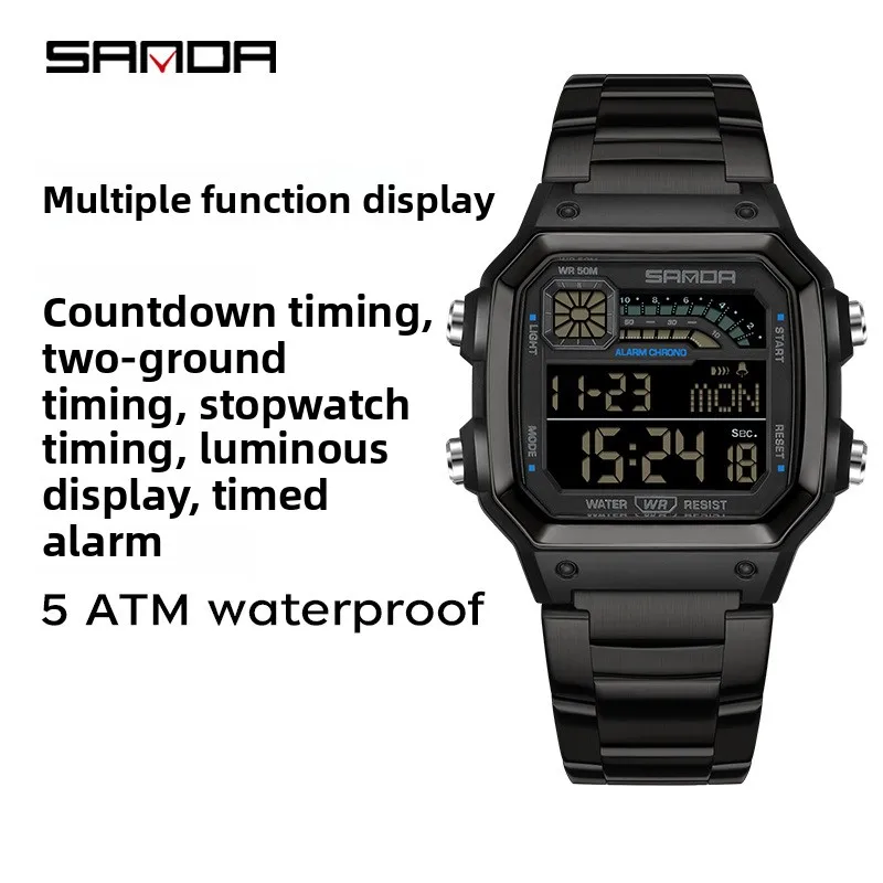 SANDA นักเรียนกีฬาอิเล็กทรอนิกส์นาฬิกาผู้ชายคลิกเดียวไฟกลางคืน + เวลาคู่ + นาฬิกาปลุก 5ATM กันน้ำนาฬิกาจับเวลาถอยหลัง