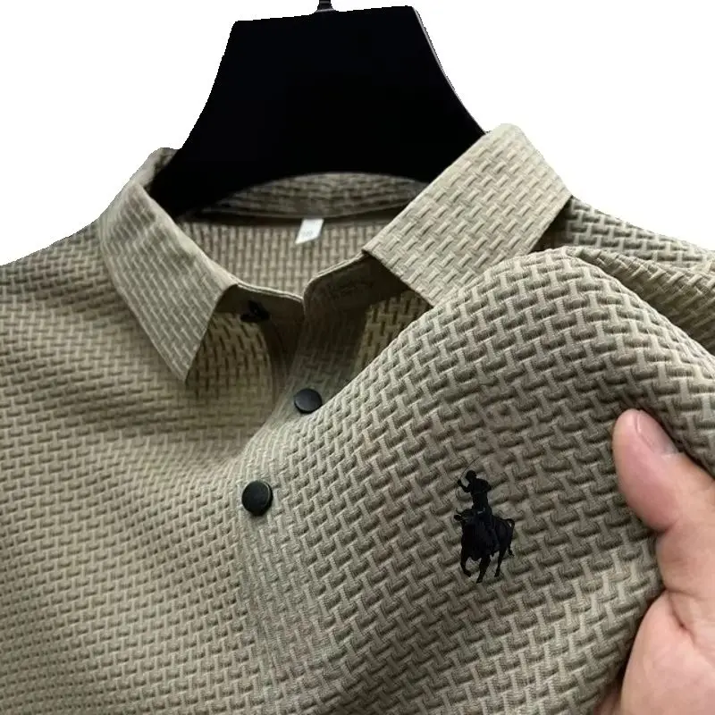 New Silk Knitted Hollow Polo Shirt Korean Edition Men's Summer Fashion Business Leisure Cool and Breathable Short Sleeved Top