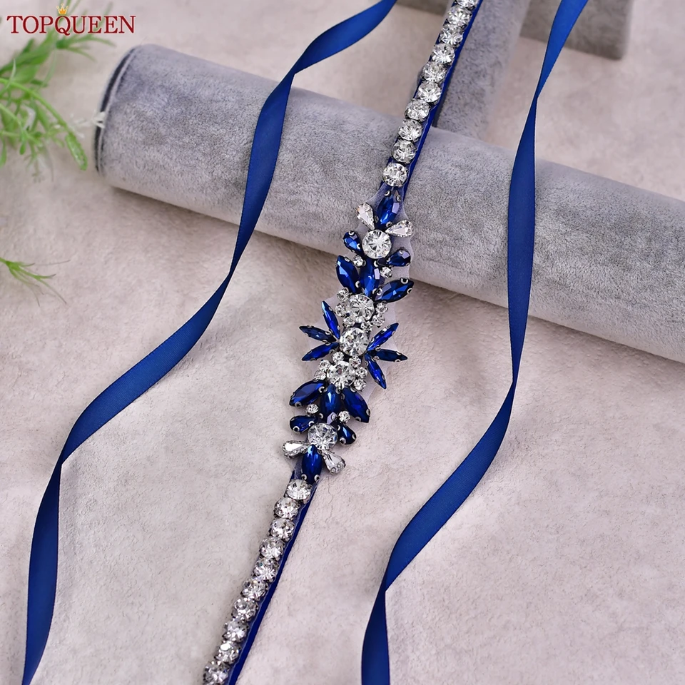 Rhinestone Floral Sash Belt with Royal Blue Ribbon Blue Flower Sash Belt Blue Flower Stretchy Belt Wedding Sash  main image 4