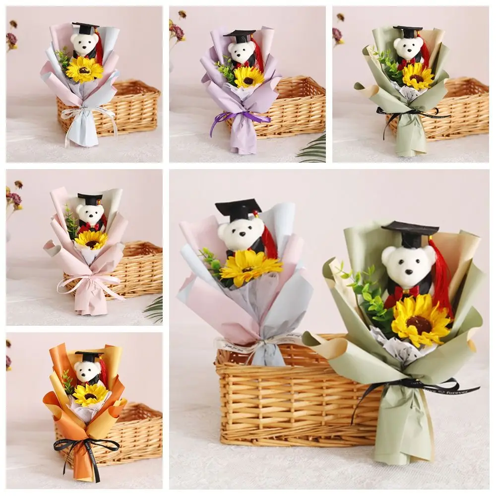 

Woven Graduation Bear Sunflower Bouquet Plush Bear Bouquet Decoration Doctoral Bear Bouquet Lovely Cartoon