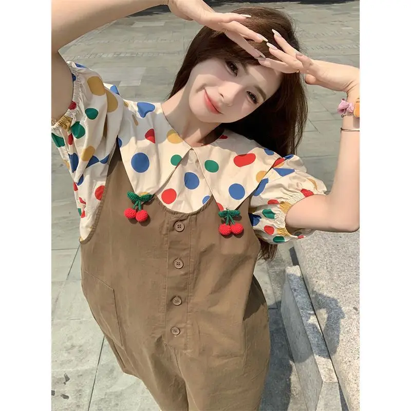 2024 New Dopamine Summer Wave Point Shirt Doll Collar Short Sleeved Puff Sleeve Solid Color Shorts Comfortable Two Piece Set