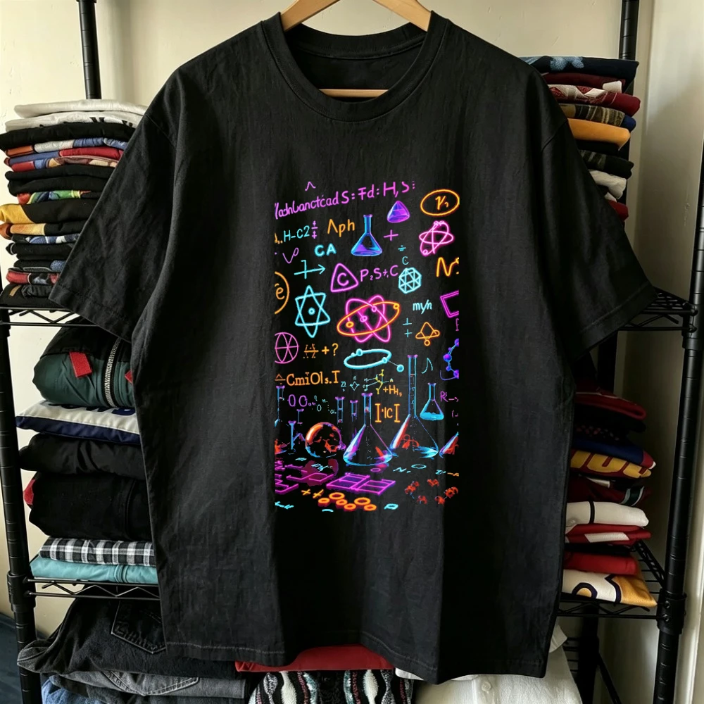 Neon Glowing Science Physics Math Formulas Chemistry Lab Equipment Men Streetwear T Shirt Cool Y2K Club Outfit