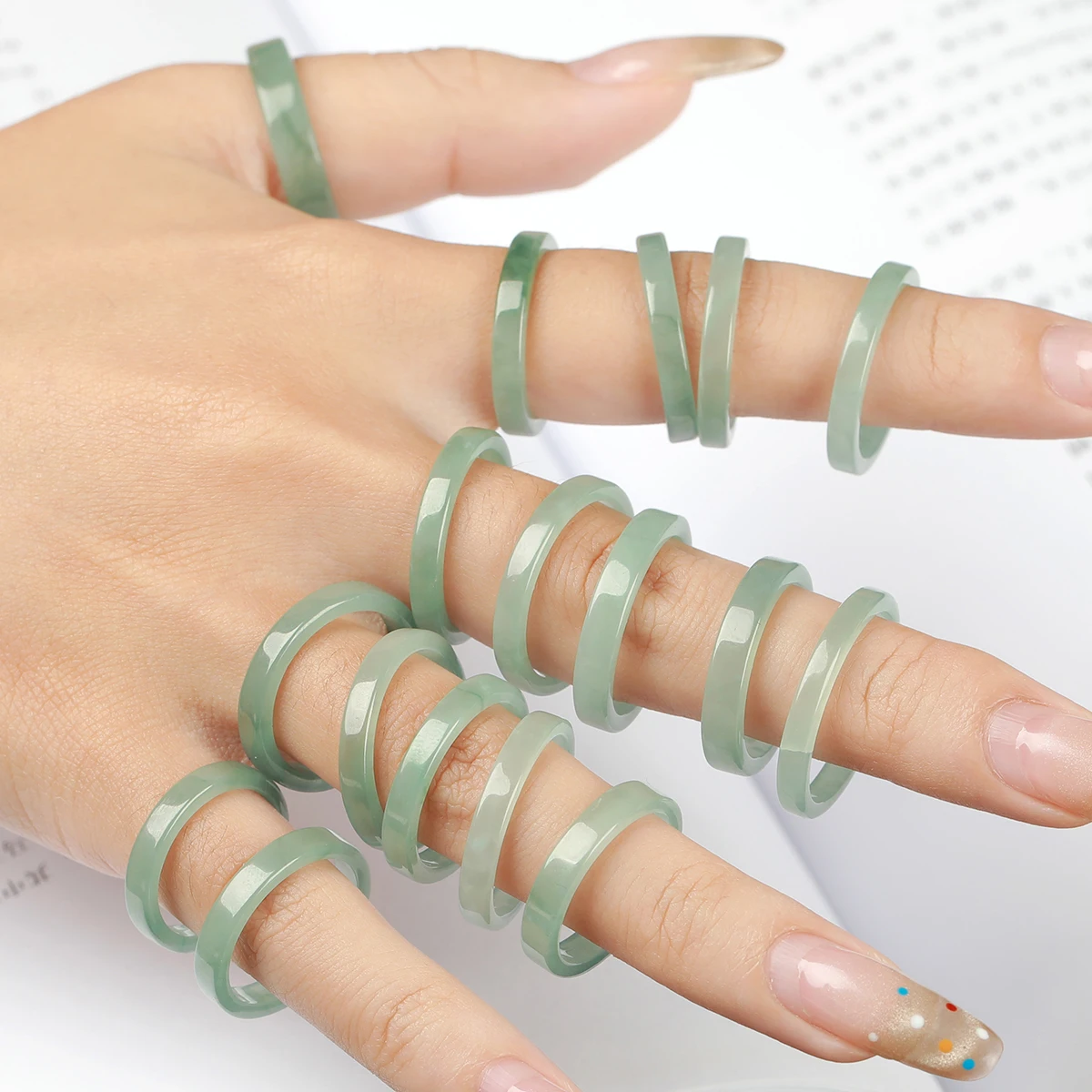 

5Pcs/lot Genuine Natural Stone Guatemala Jadeite Blue Water Hard Ring Fashion Charm Women Ice Jade Ring Jewelry Festival Gifts