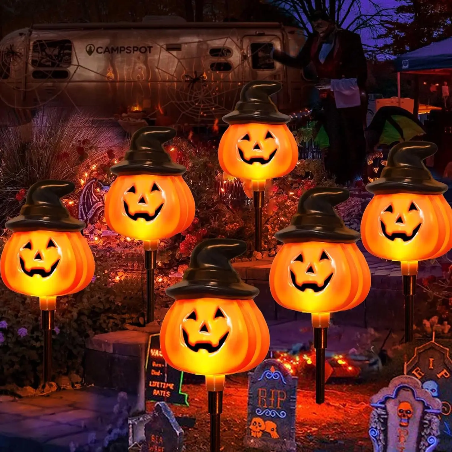 

5 Pack Solar Jack O'Lantern Stake String Lights Halloween Pathway Decor for Outdoor Waterproof Garden Halloween Yard Solar Light