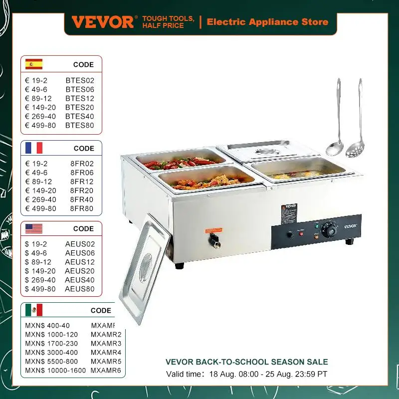 

VEVOR 1/2/3/4/6Pan Electric Catering Food Warmer Commercial Stainless Steel Steam Table Counter w/Temperature Control Buffet Set