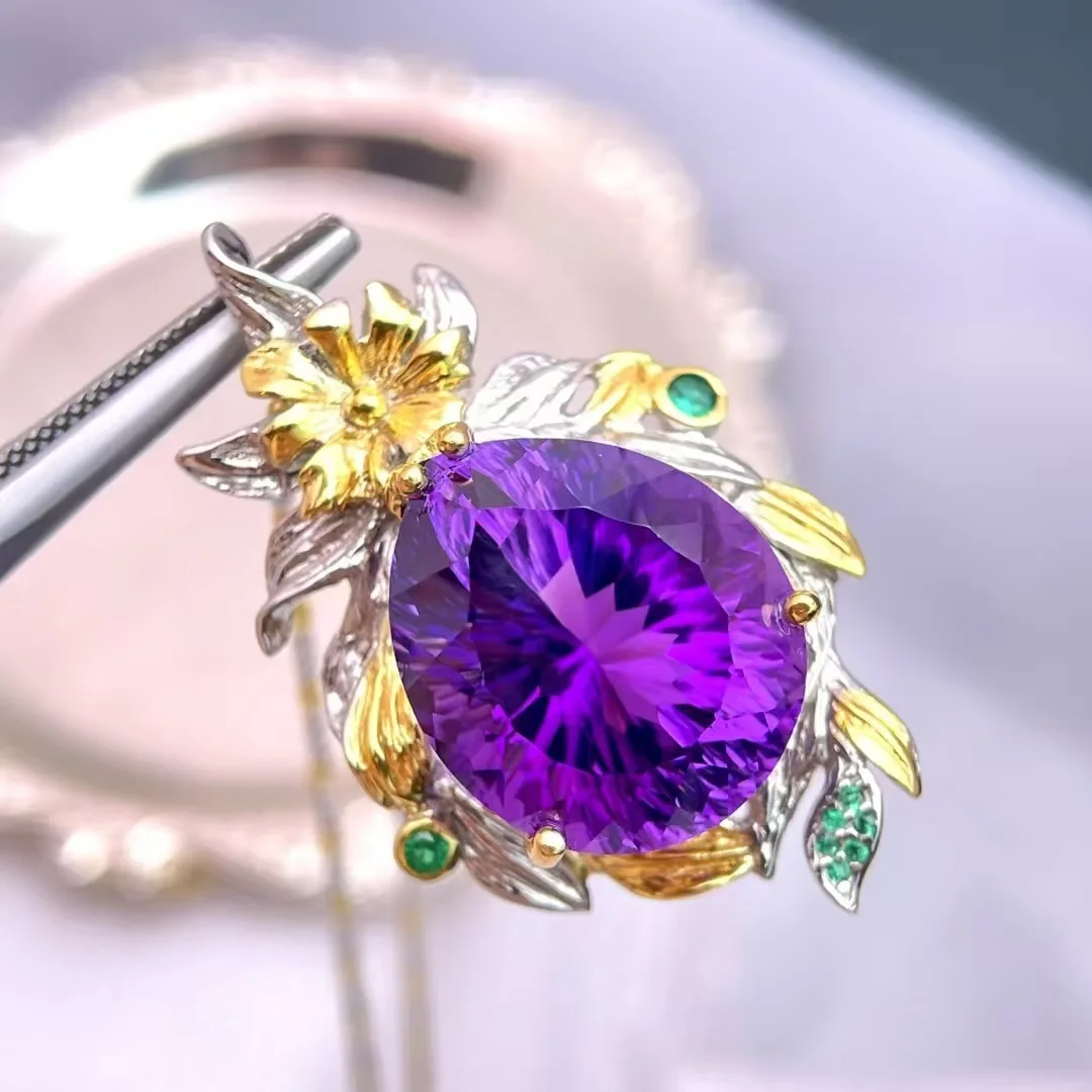 Natural Amethyst Pendant, 925 Silver Two-Tone Finish Vintage Baroque Handmade, Crystal Jewelry Gift for Women