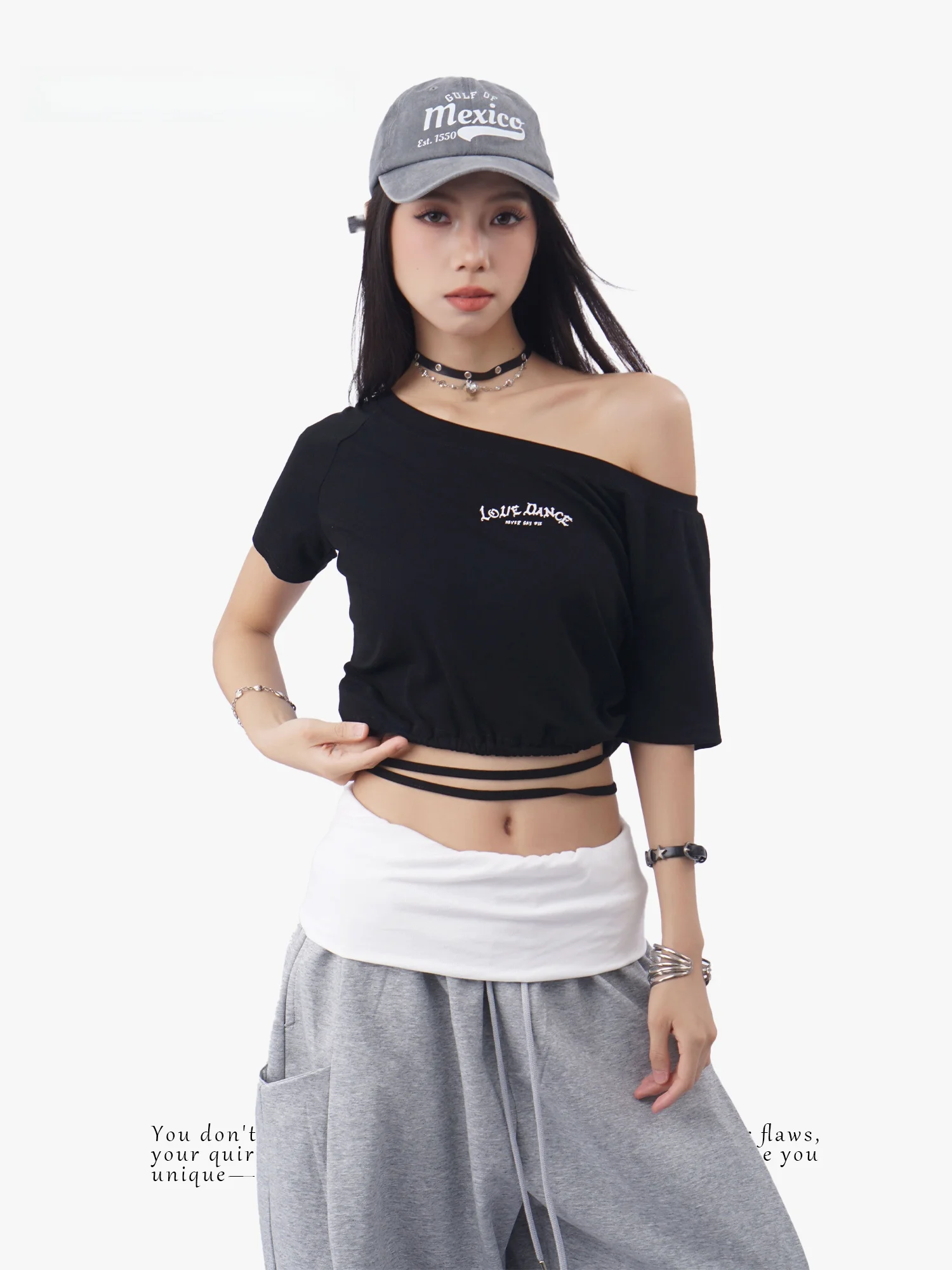 Short Sleeve T-Shirt Women's Shoulder Print Front English Cotton Casual Style High Waist Loose Fit Summer Seasonal High Neck