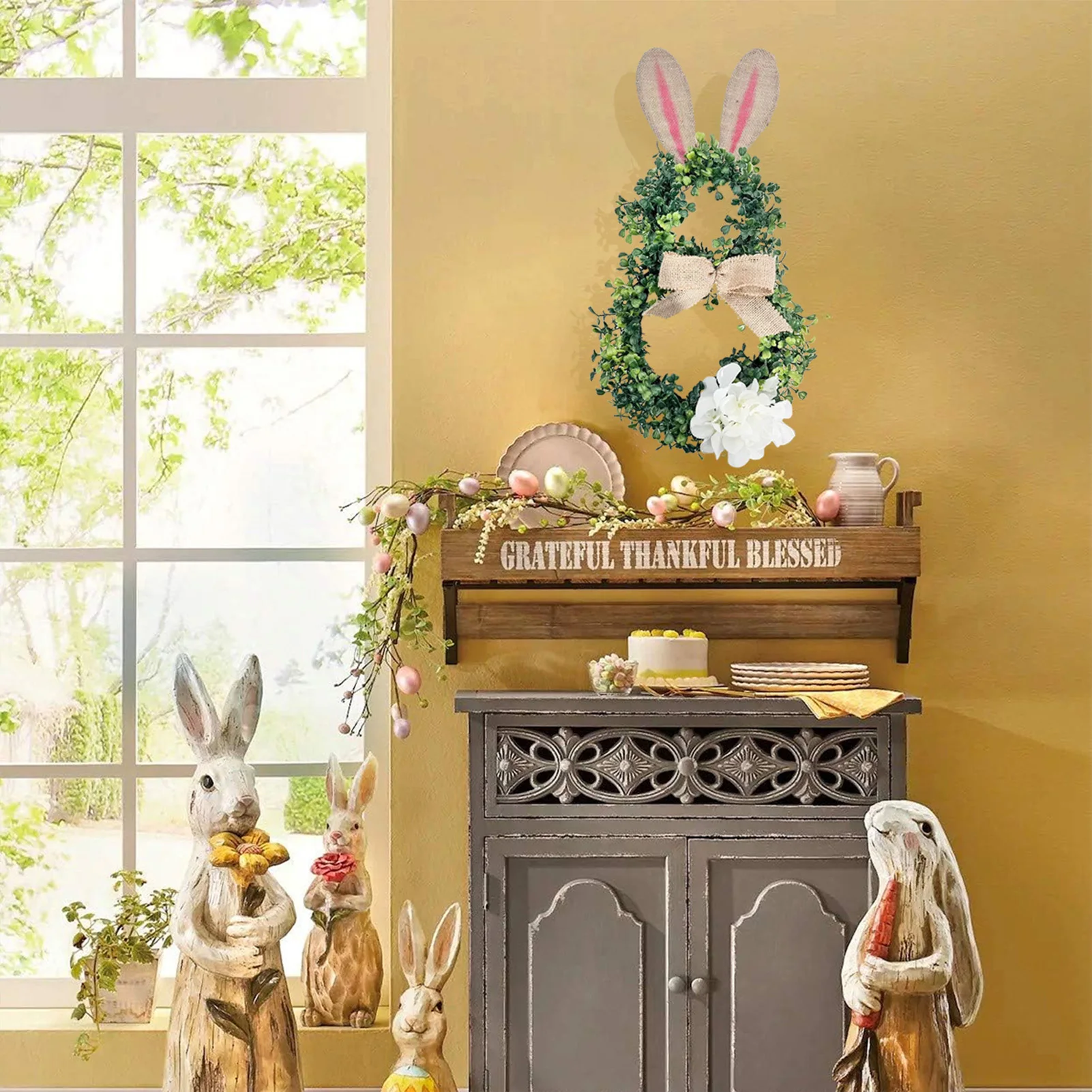 2025 Easter Decoration Door Sign Artificial Green Plant Rabbit Shaped Gate Door Wall Window Pendants Lovely Home Decoration Prop