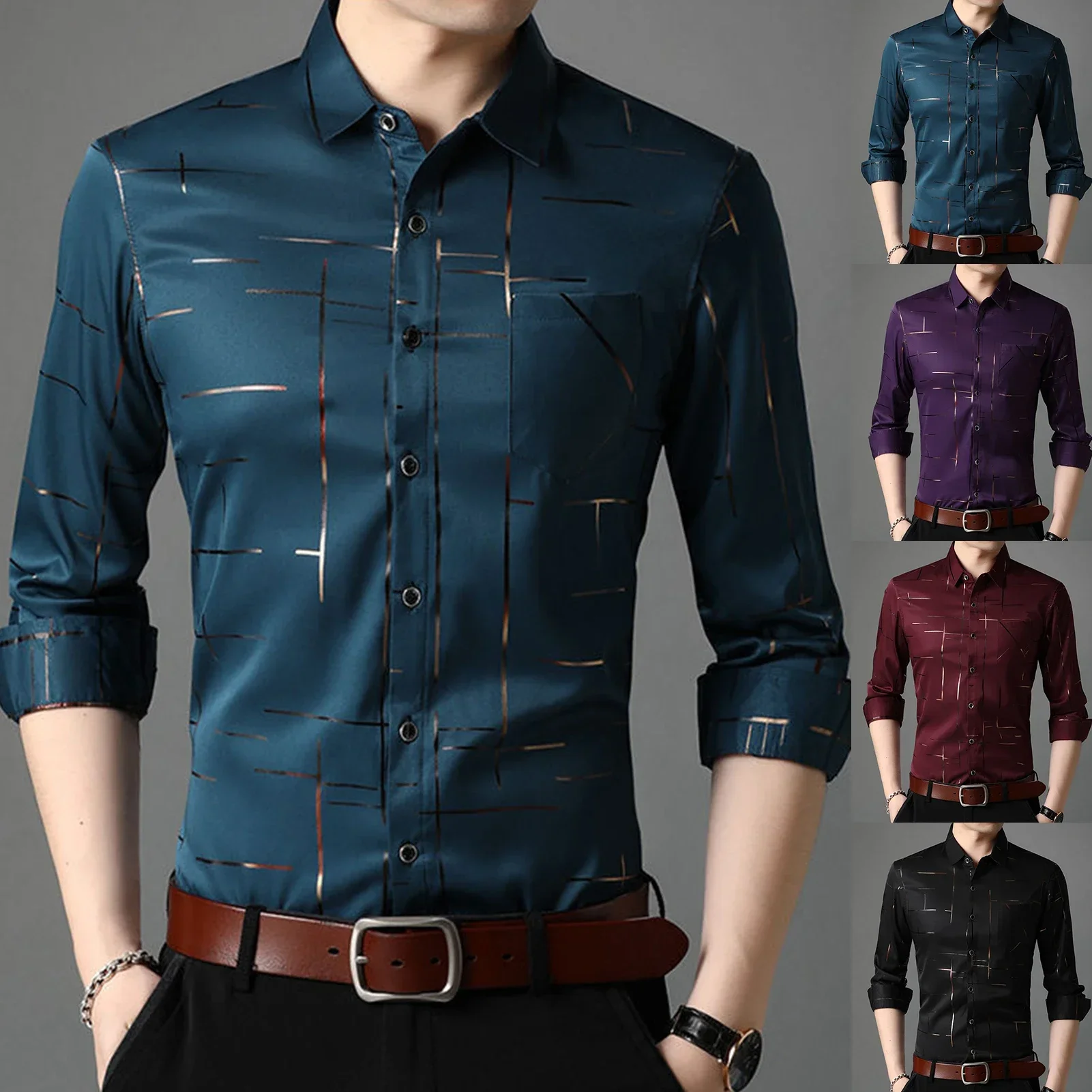 Men Shirt Plaid Print Turn down Collar Single breasted Formal Dress Shirt Spring Slim Male Shirt Business Camisa T