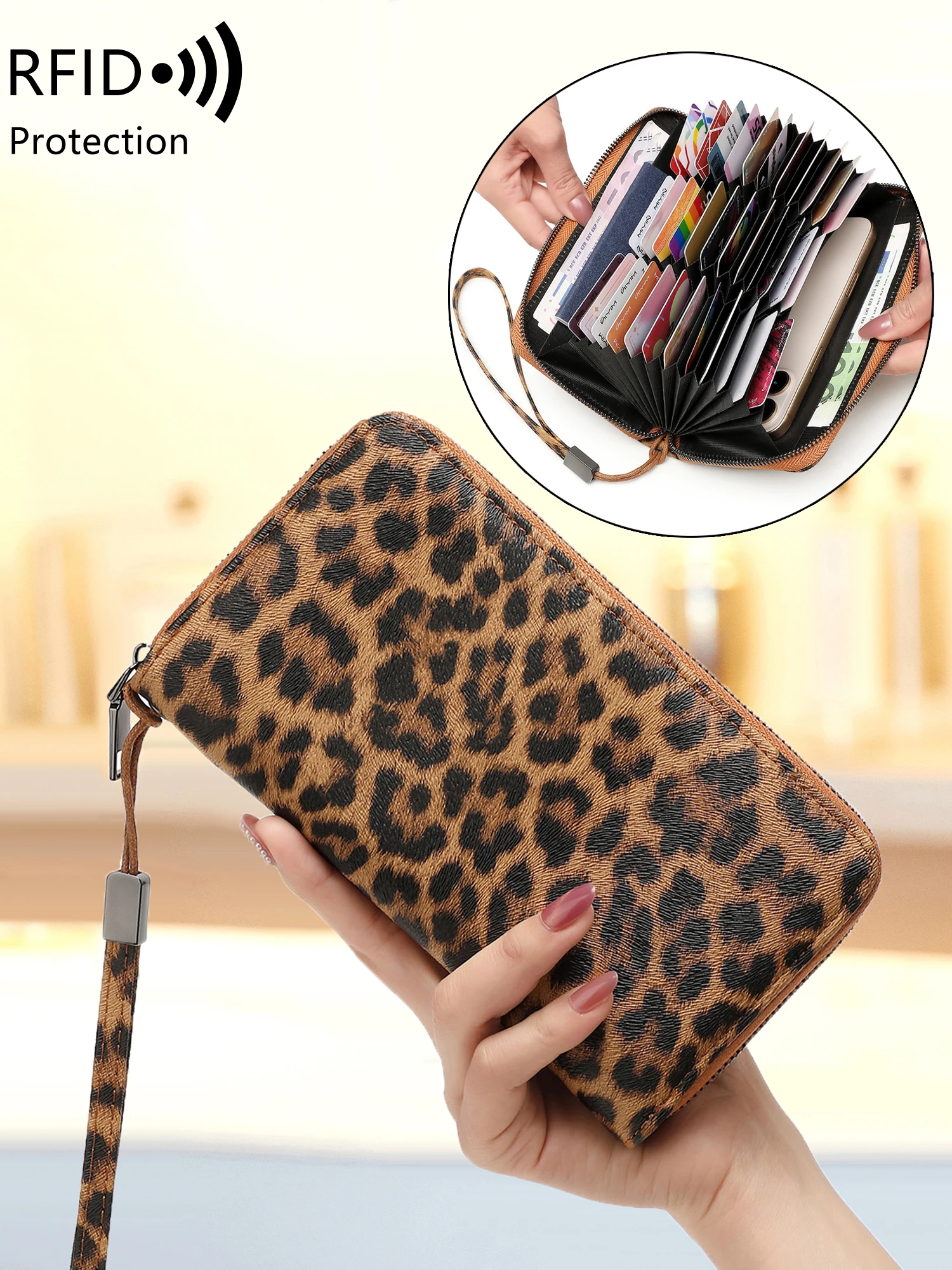 RFID anti-theft accordion-style women's card holder retro leopard print multi-card slot wallets portable bank card and ID clutch