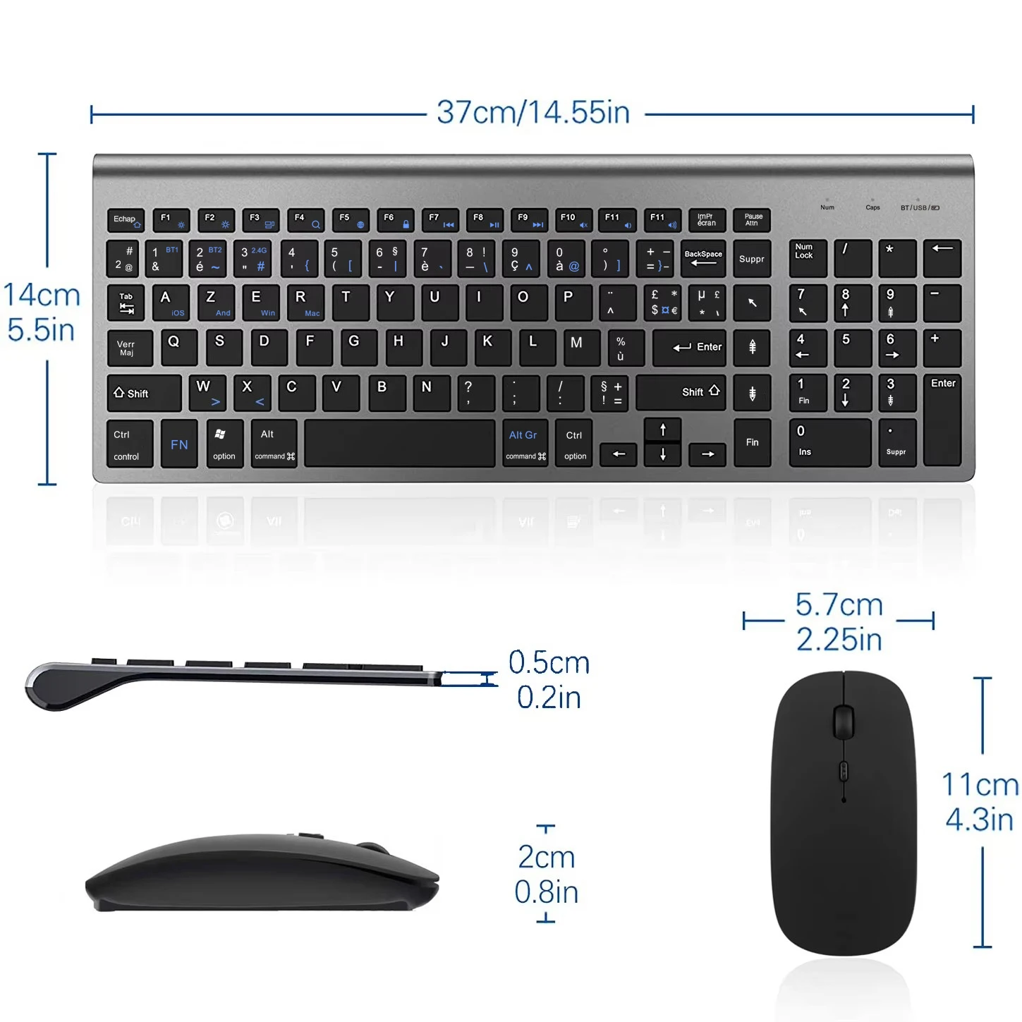 Ultra Slim Dual Mode French AZERTY Layout Bluetooth&2.4G Keyboard And Mouse Combo with Three Channel for PC Laptop Windows IOS