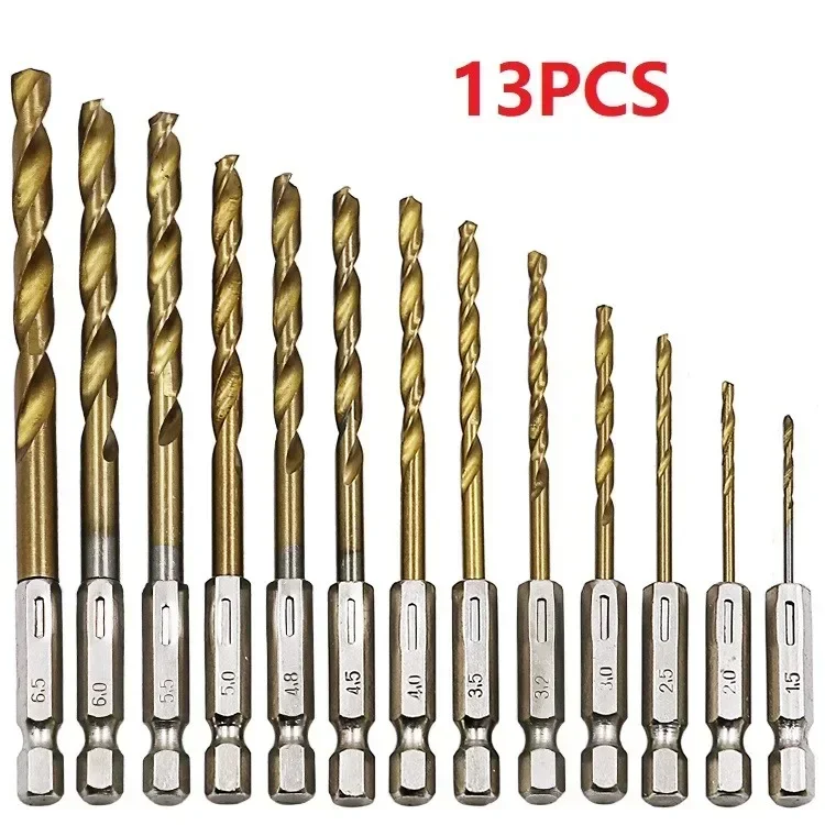 13pcs HSS High Speed Steel Coated Drill Bit Set 1/4 Hex Shank 1.5-6.5mm Handle Twist Drill Bit Woodking Tools