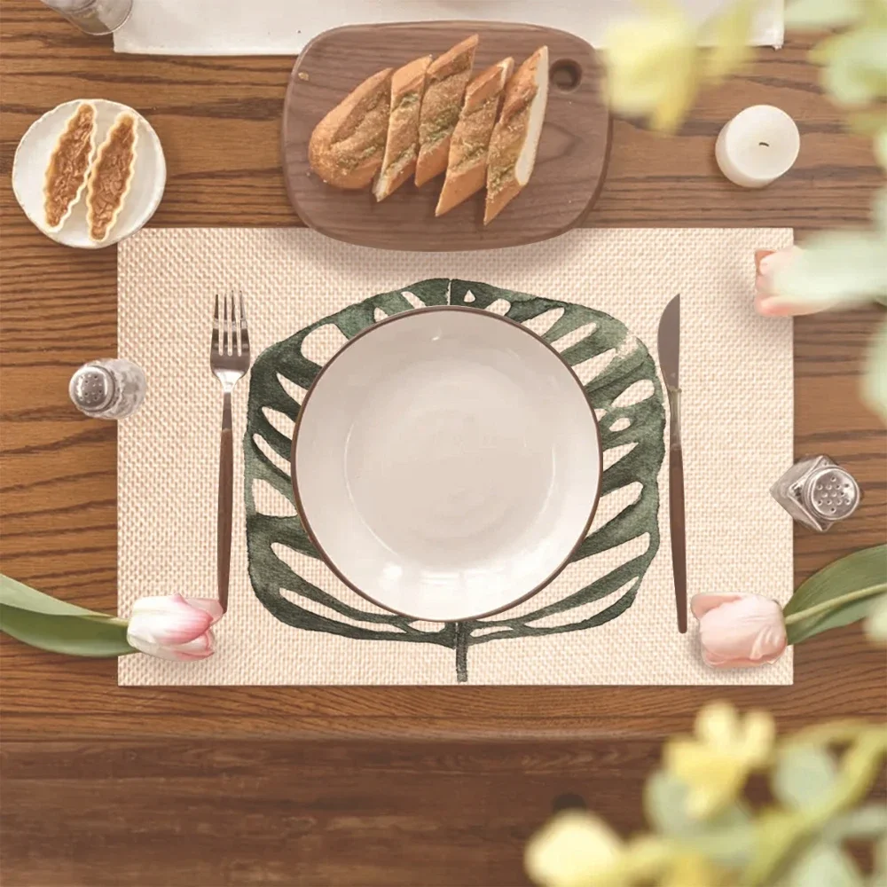 Monstera Design Linen Placemat Heat Resistant Dining Table Mats Plant Lovers Horticultural Theme Tableware Mats Daily Use