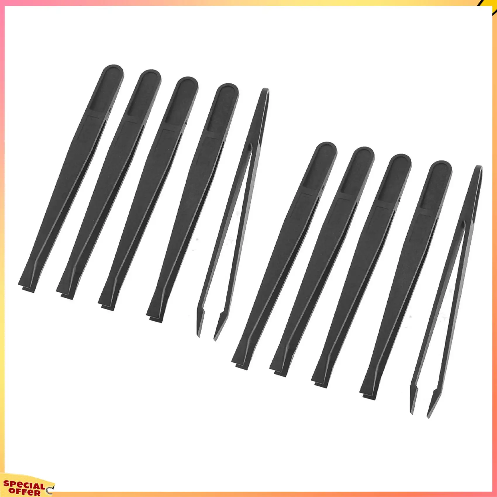 ABFI 10 Pcs Manual Tool Black Plastic Flat Tip Anti-Static Tweezer 12Cm Long