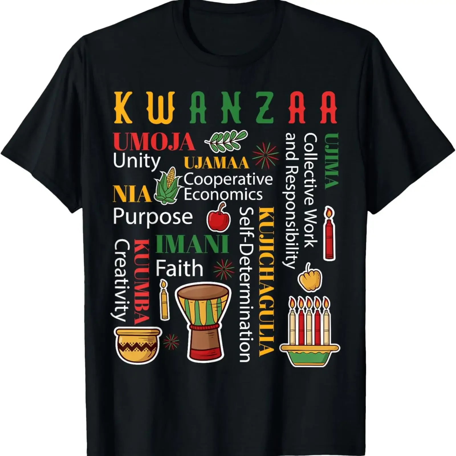 Happy Kwanzaa T Shirt Seven Principles Kinara Drum African Celebration  vintage Washed designer clothes Stretched Soft