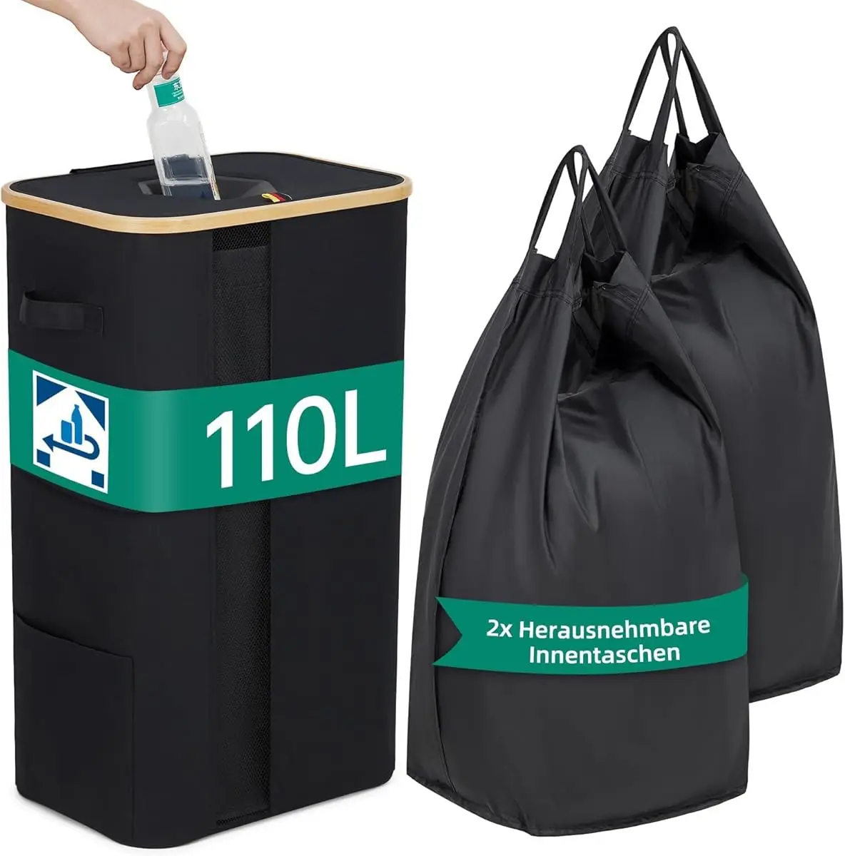 Panier de rangement pliable 110L avec couvercle, double compartiment, panier à linge divisé, organisateur portable pour vêtements et jouets, pour chambre, salle de bain, buanderie