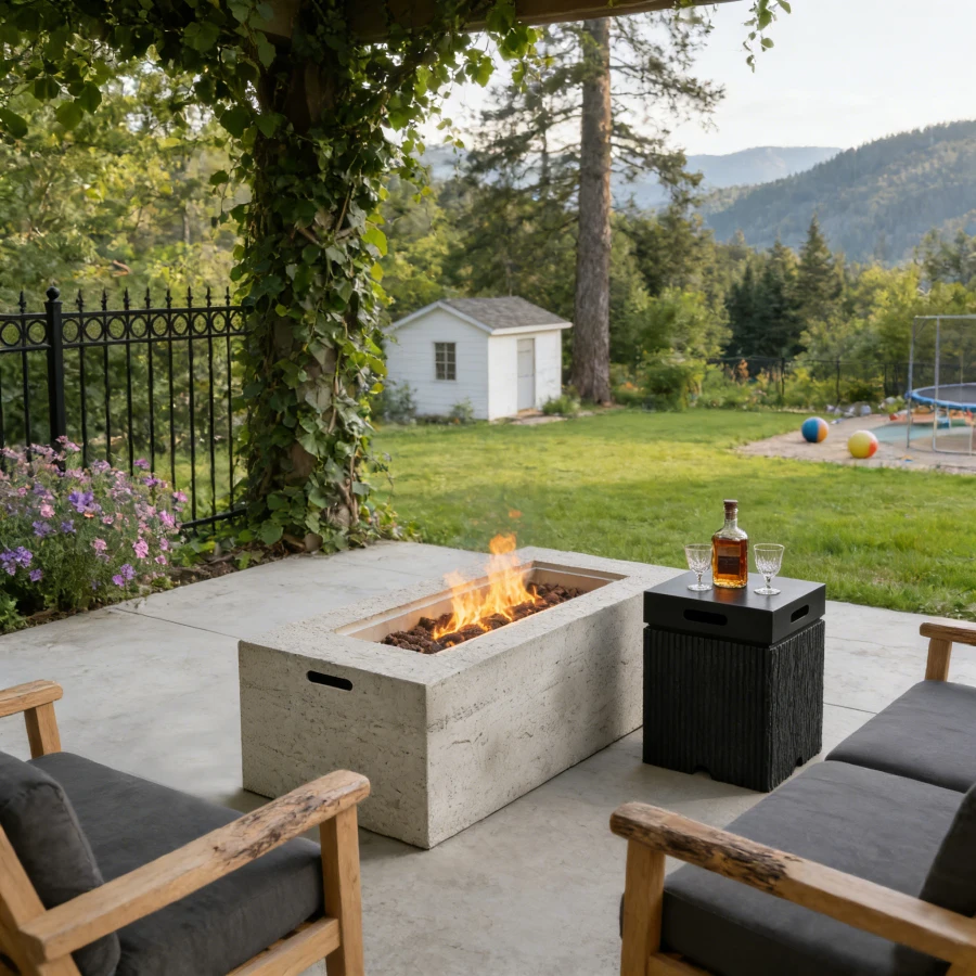 

Patio backyard propane fire pit set: stainless steel, black, 40, 000 BTU output with lava rocks and MGO tank cover table, water
