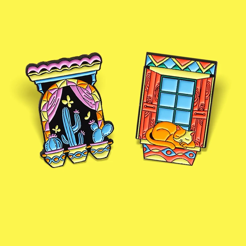 Cartoon Night and day Window Brooches Blue Cactus Potted Yellow Cat Enamel Pin Lapel Badge For Friends Spille Jewelry Wholesale