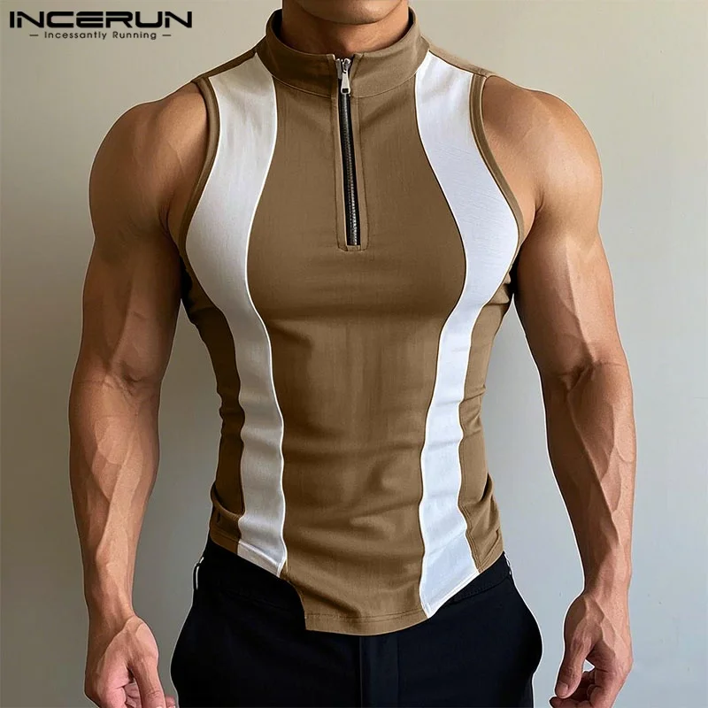 INCERUN Herren Tanktops Patchwork Farbblock Ärmellose Zipper Männer Westen Streetwear Tops Sommer Mode Workout Herrenbekleidung