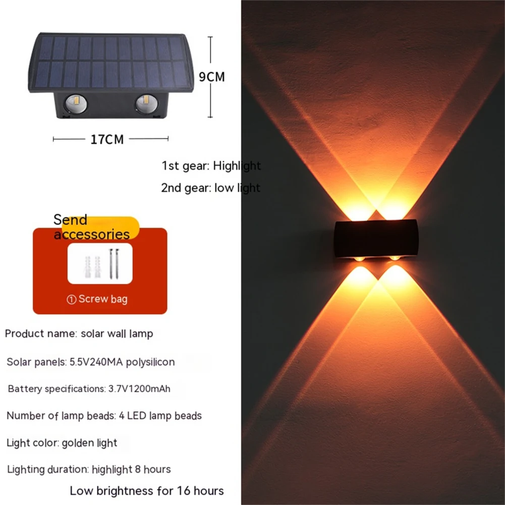 Настенная лампа на солнечной батарее, Водонепроницаемая IP65 уличная лампа с 2 регулируемыми уровнями, для забора, Walkway, двора, сада, крыльца