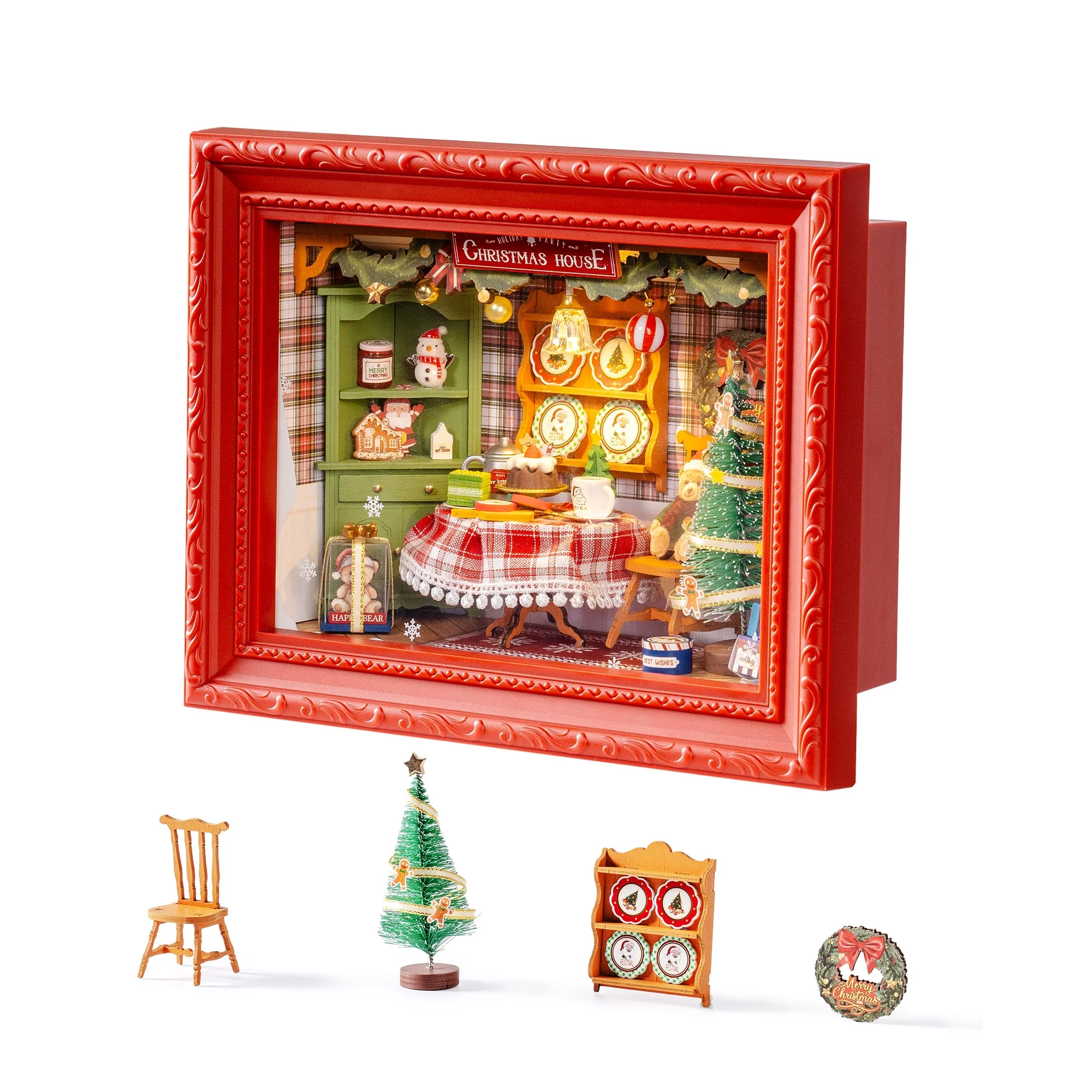 

Rolife DIY Miniature House Kit Christmas Eve Party Photo Frame Wooden 3D Puzzle Wall-Mountable Dollhouse Model Building Kit