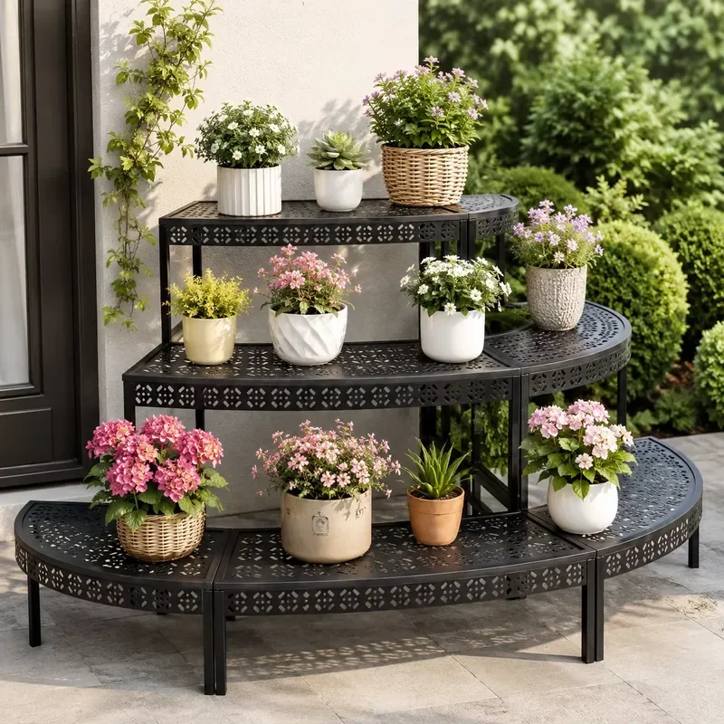 for Modular Rustproof Metal Outdoor Furniture Plant Stand Tiered Flower Display Rack Curved Straight Combination Plant Shelf