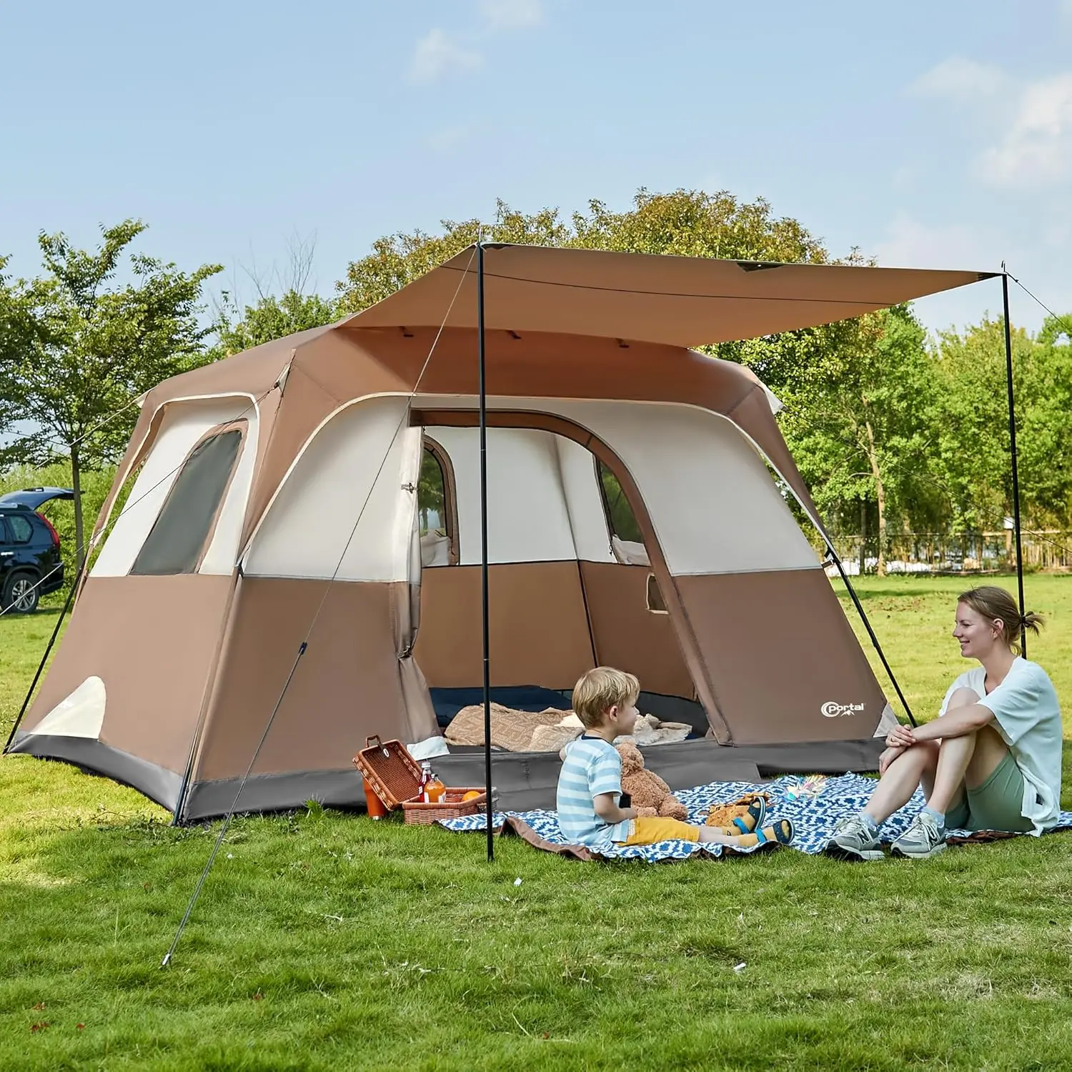 Person Family Camping Tent with Porch, Big Family Camping Tent with Tall Height, Good Ventilation, Water Resit