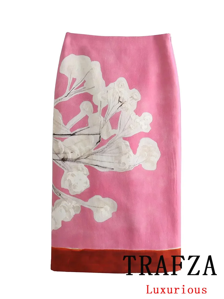 TRAFZA Vintage Casual Women Skirt Flower Print Zipper Long Straight Skirt New Fashion 2024 Spring Summer Holiday Long Skirt