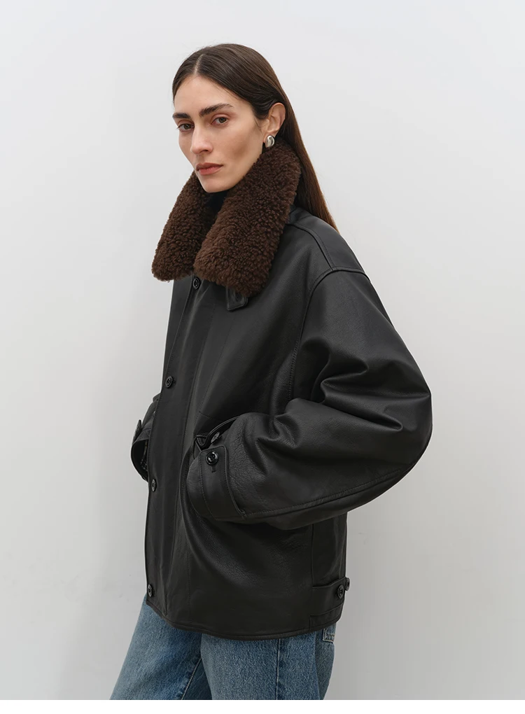 Schwarze Motorradjacken aus echtem Leder für Damen, Herbst und Winter, abnehmbarer Wollpelzkragen, Mantel aus echtem Rindsleder, Kamelsamt