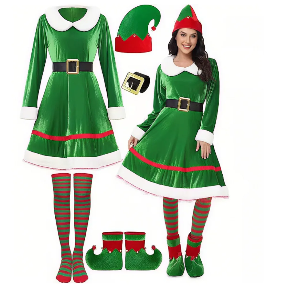 

Adult Women Christmas Costumes Cosplay Elf Velvet Dress Striped Tall Stockings New Year Holiday Theme Party Role Playing Suit