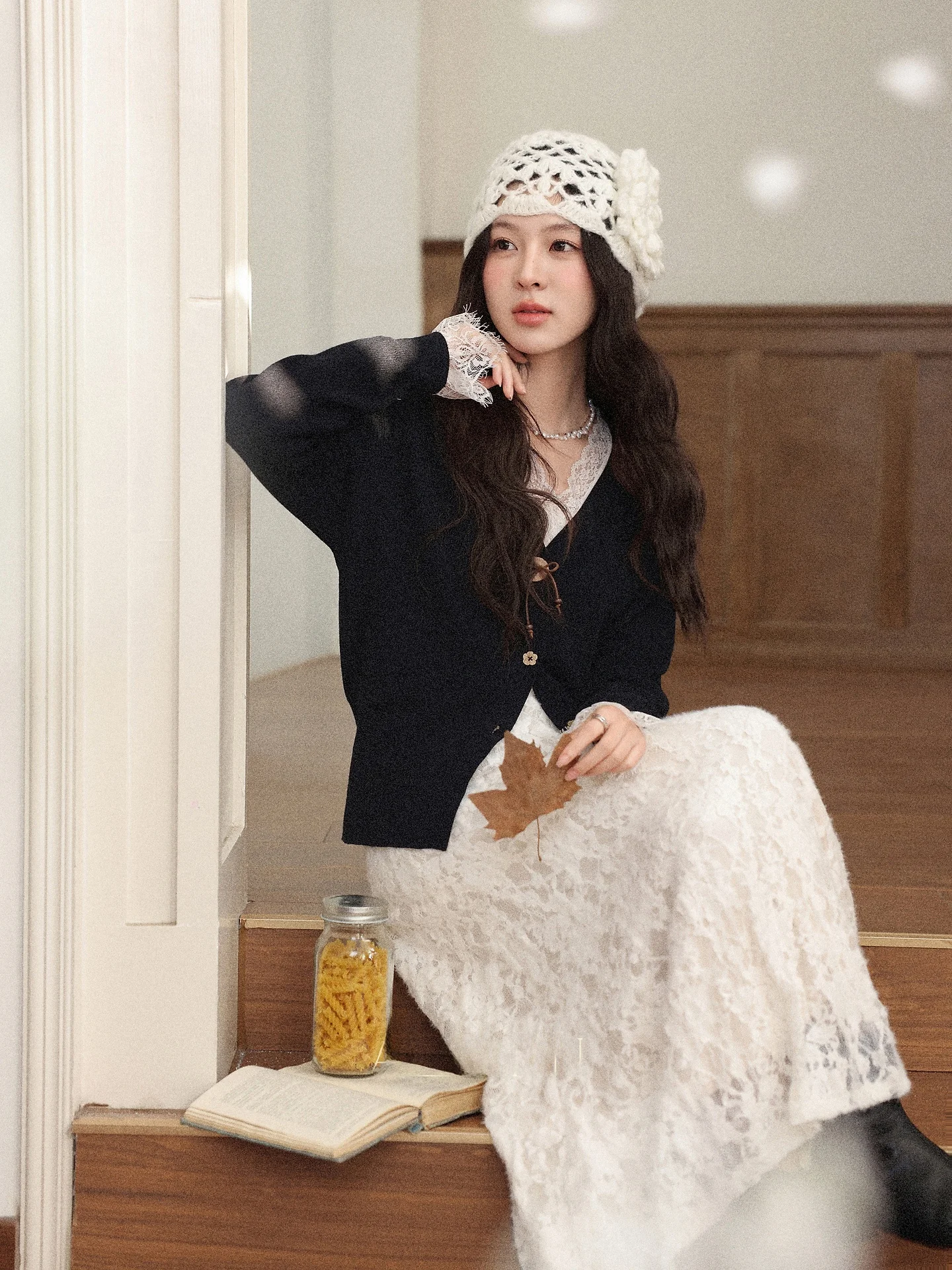 

Ele Long Lace Dr Women's Autumn Winter New Sle Simplici Faionable White Moon Clear irt Two-Piece Dr