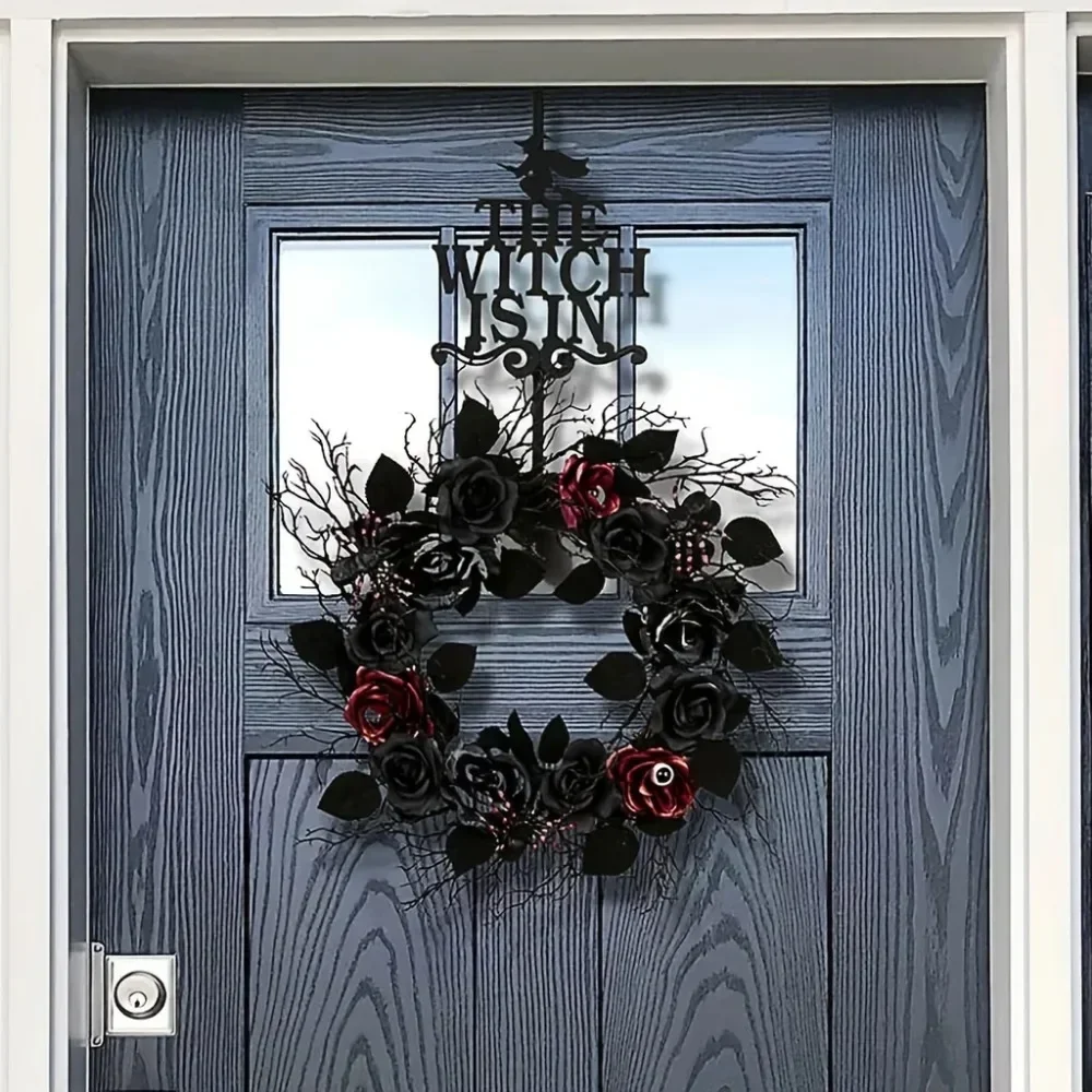 

The Witch Is In Wreath Hook - Metal Front Door Over-the-Door Attachment. Excellent for Halloween, Christmas, and Thanksgiving