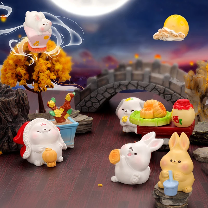 Mini Bunny Figurine Moon Cakes Rabbit Micro Landscape Ornament Dollhouse Model Car Interior Mid-Autumn Festival Home Decoration