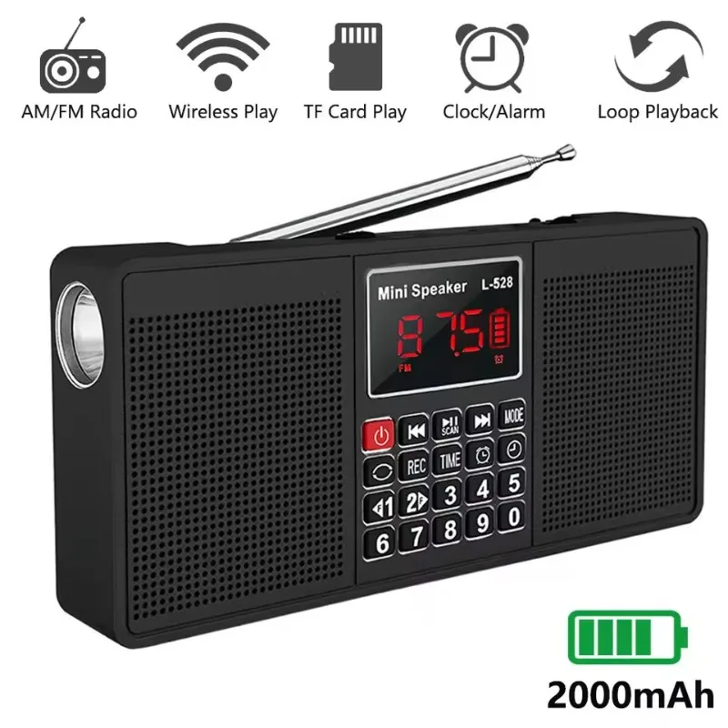 Portable Stereo Radio FM AM Rechargeable With Aerial Receiver Multi-function USB TF Player Wireless Speaker Bluetooth-compatible