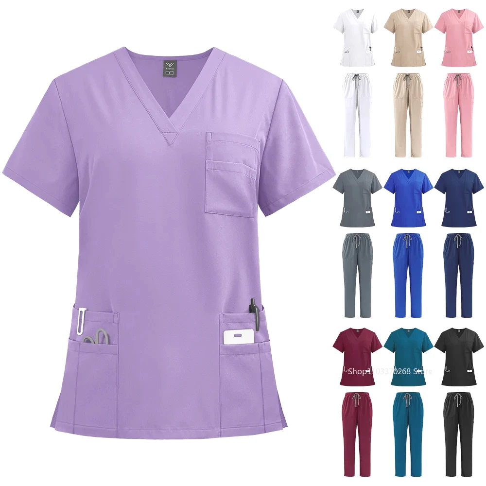 Unisex V Neck Medical Scrubs Sets Hospital Doctors Work Suits Nurses Accessories Dental Clinic Beauty Salon Spa Workwear Clothes