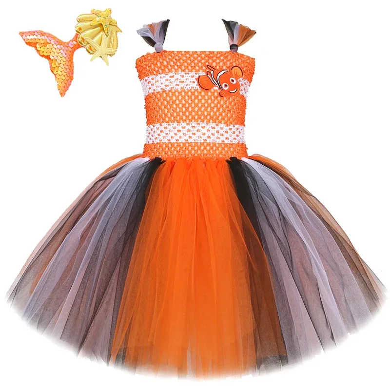 Baby Girls Orange Clownfish Tutu Dress for Kids Ocean Fish Halloween Costumes Child Christmas Birthday Cartoon Outfits with Bow