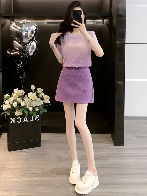 

Fashionable Purple Summer Thin Ice Silk Knitted Short Sleeve T-Shirt Denim Skirt Two-Piece Set Women's Casual Sportswear