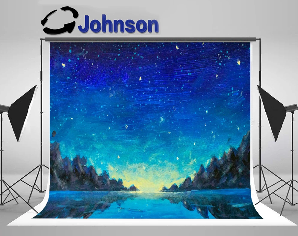 

JOHNSON Night Landscape Mountains Blue Starry Sky Reflected Water Ocean Lake backgrounds Computer print scenic photo backdrop