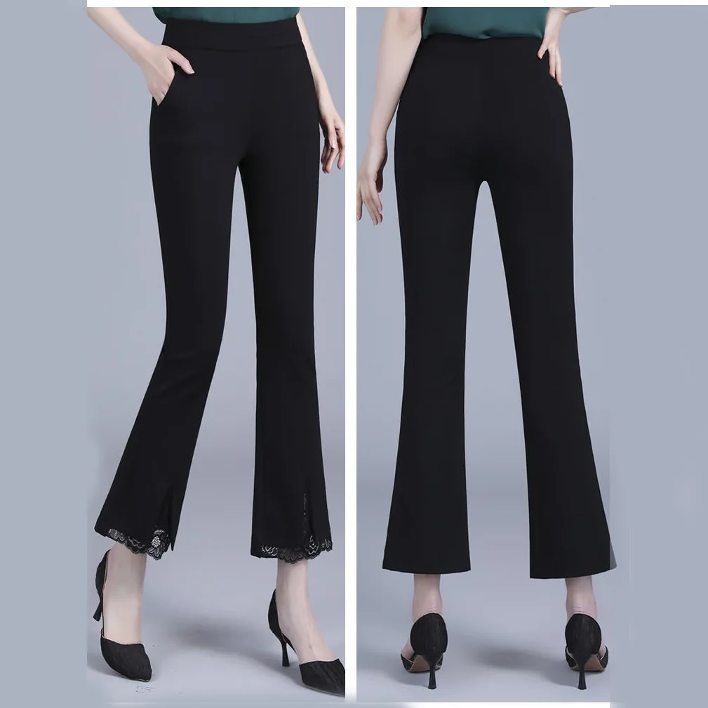 New Office Lady Lace Patchwork White Elastic Waist Casual Pants Summer Solid Women's Versatile Micro Flared Pants Women Clothing