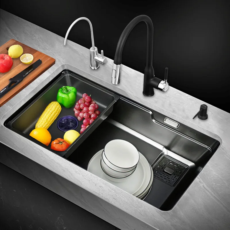 

Gun Grey Kitchen Sink Nano Stainless Steel Large Sink Bottom Embossed Oil and Scratch Resistant Sink Bowl