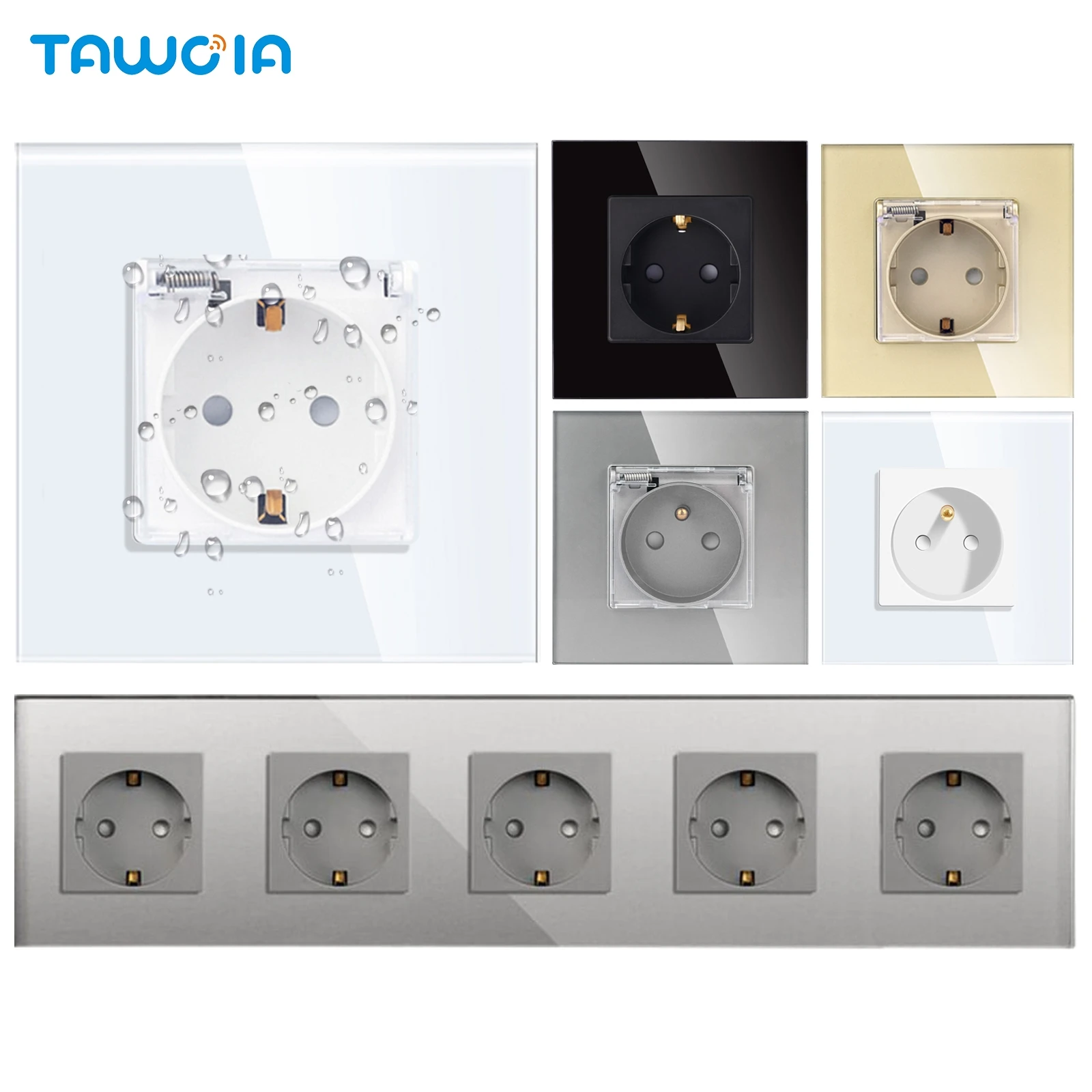 TAWOIA EU Waterproof Sockets 16A Electric Wall Socket Outdoor Glass Bathroom Double Outlet Triple Cover Sockets Quad Socket