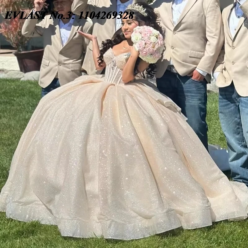 EVLAST ที่กําหนดเอง Glitter แชมเปญ Quinceanera ชุด Applique คริสตัลประดับด้วยลูกปัดโบว์หวาน 16 ชุด Vestidos 15 De XV Años E3Q896