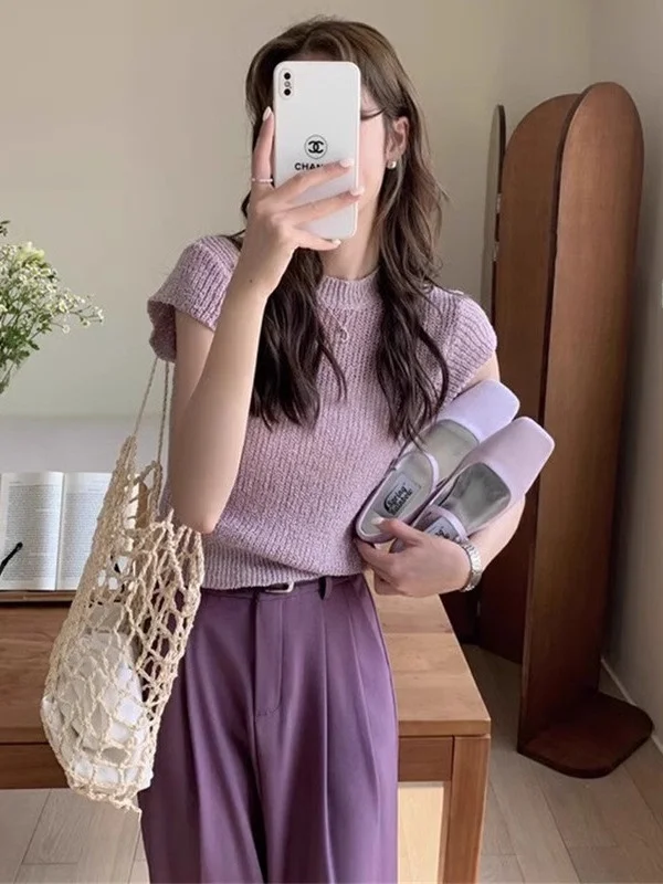 T-shirt ort Sve lavorata a maglia in seta ghiacciata T-shirt estiva da donna casual slim fit ature High-End Feeling Top asimmetrico linea Seng...