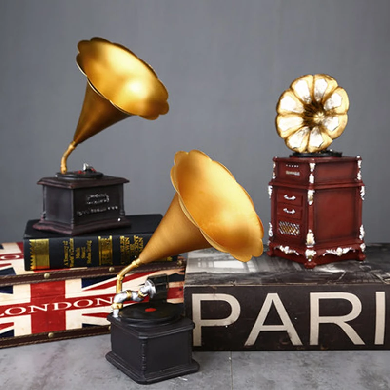 

Винтажная металлическая ретро модель фонографа, антикварный граммофон, модель проигрывателя, домашний бар, поделки, орнамент ручной работы