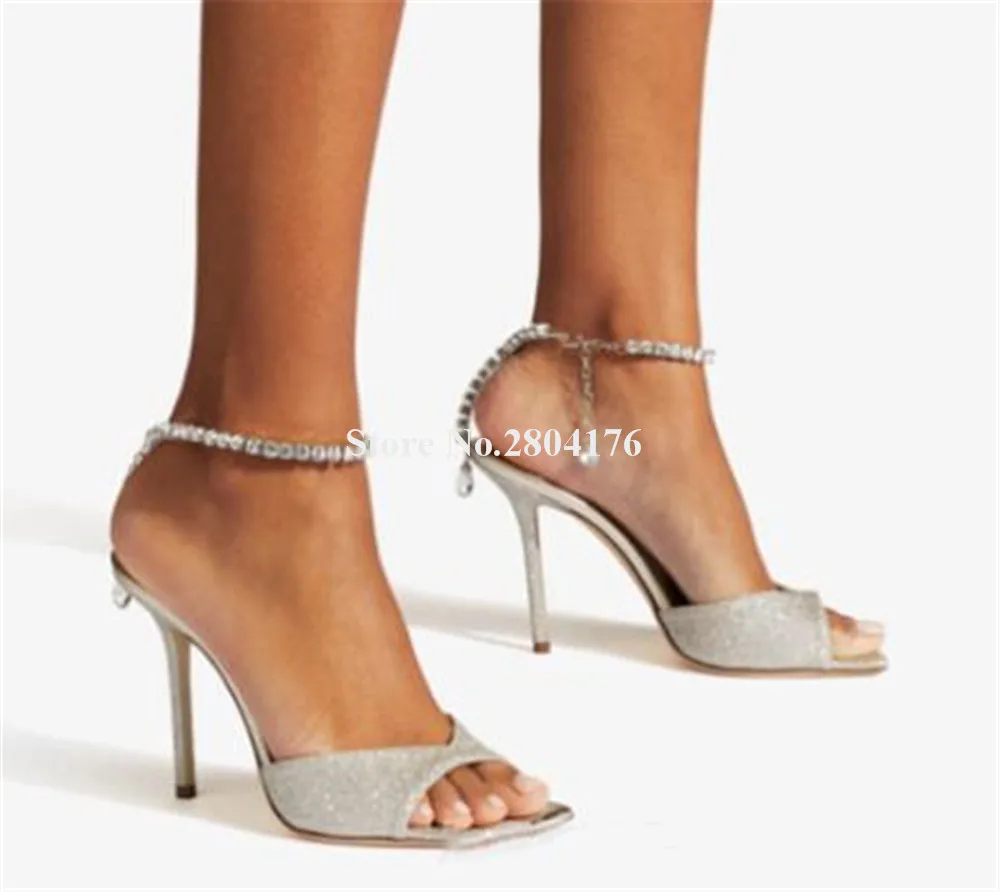 

Elegant Rhinestones Straps Chains Stiletto Heel Sandals Open Square Toe Thin Heel Wedding Heels Party Shoes