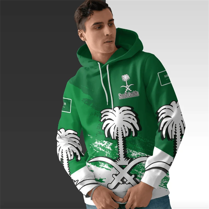 Harajuku 3D Saudi Arabia Ethnic Flag Printing Hoodies Saudi Arabia Coat Of Arms Graphic Hooded Sweatshirts Fashion Pullovers Top